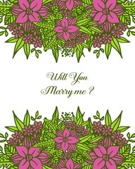 Vector illustration shape will you marry me with crowd purple flower frame
