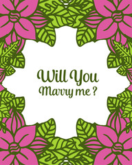 Vector illustration design will you marry me with purple wreath frames bloom