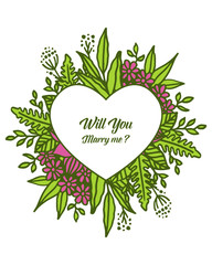 Vector illustration lettering will you marry me with style of green leafy flower frames