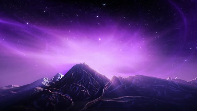 Fantasy landscape loop. Aurora lights in starry night sky, above snowy mountains, on Earth or alien planet. Purple version. Digitally generated animation.