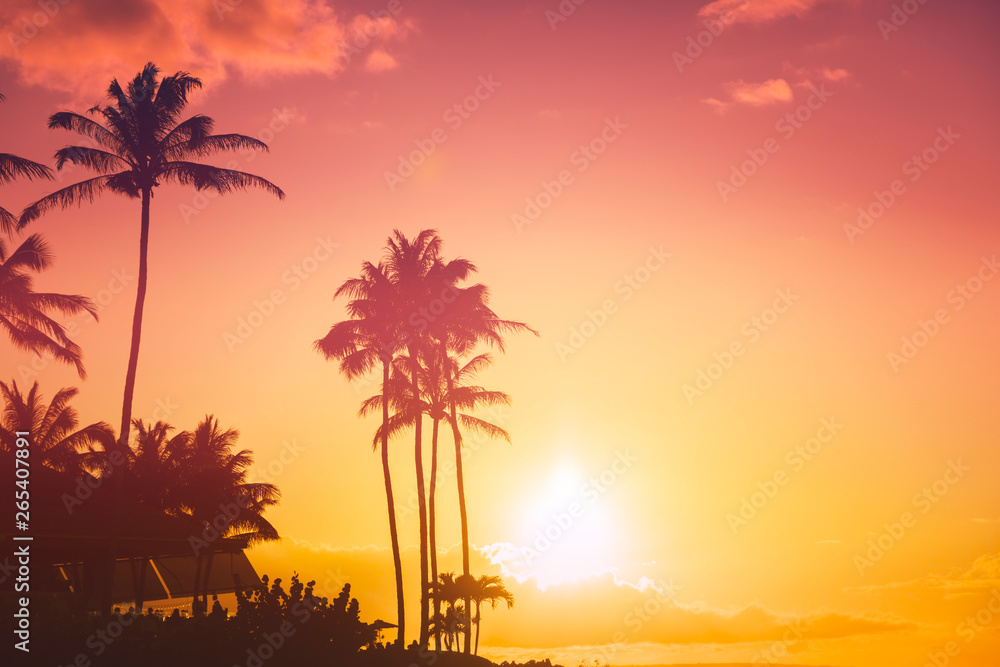 Wall mural Tropical island sunset with silhouette of palm trees, hot summer day vacation background, golden sky with sun setting over horizon