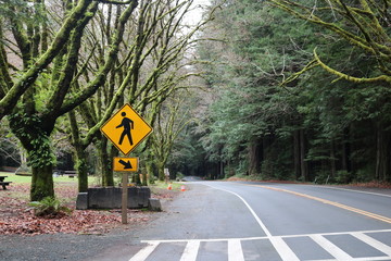 crosswalk sign on the road with trees on the sides