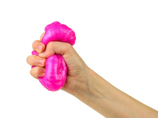 Bright slime in baby's hand isolated on white background.