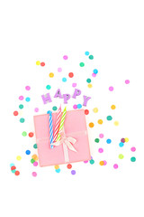 gift box, birthday candles, word of letters 