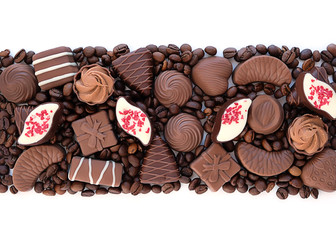chocolate candies close up isolated on white background. Assortment of chocolate candies sweets. tasty milk chocolate. range of fine chocolate Top view, copy space for your text
