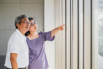 old senior Asian couple looking and pointing out of a window.