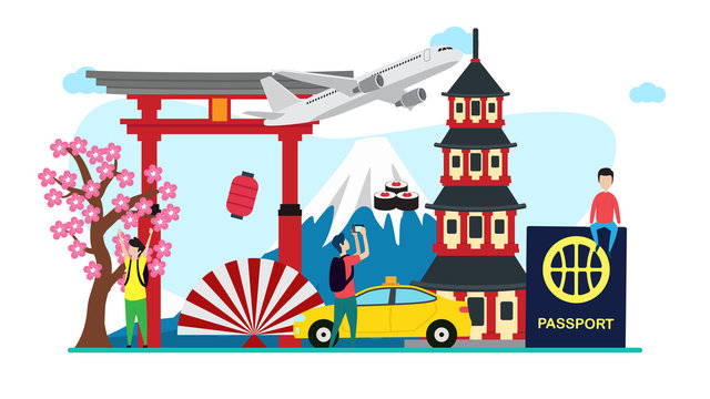 travel to japan creative illustration vector of graphic , small people traveling in japan illustration vector , japan traveling vector , japan concept vector flat illustration