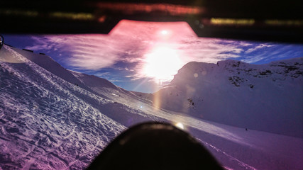 View from first person thru snowboard mask on Aibga mountain peak covered by snow. Gorki Gorod ski resort. Sochi, Russia. - Powered by Adobe