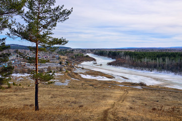 Spring landscape. Mountain view of the river valley. Russia, Eastern Siberia. The River UDA. The...