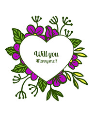 Vector illustration template will you marry me with various design purple flower frame