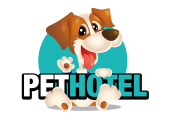 Character cute dog holding a pet hotel signboard, vector illustration, signage 