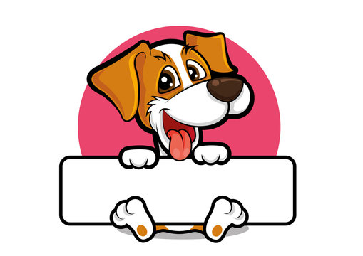 Cute dog holding a big signboard, pet signage vector illustration. Puppy mascot character with big signage.