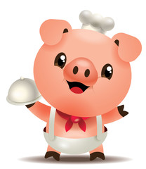 Cute pig chef cartoon character serving tray. Cartoon vector mascot isolated.