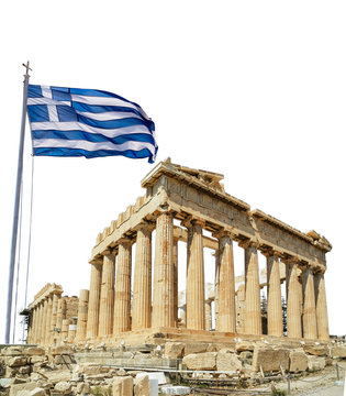 parthenon athens greeece and greek flag waving