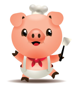 Cute pig chef holding a spatula kitchen tool 