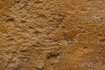 Background texture of orange stone with cracks and irregularities. Blur, close-up, top view, plenty of space for text, no one. Concept of design.