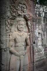 Fototapeta na wymiar Sculpture details at the beautiful Ta Prohm temple in Siem Reap, Cambodia