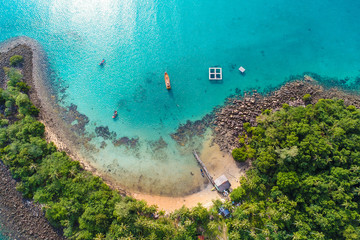 Aerial view sea island with green tree turquoise water