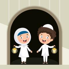 Vector Illustration Of Muslim Kids Celebrating Ramadan