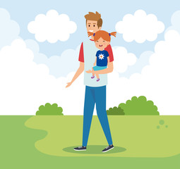 happy man with his daughter child and bushes