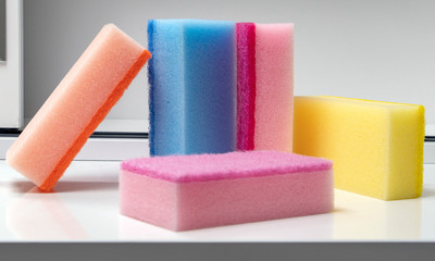 bright colored new sponges for kitchen and bathroom on a white table - obrazy, fototapety, plakaty