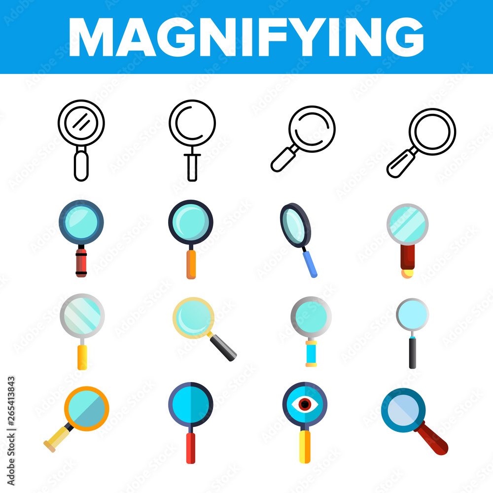 Poster magnifying glass, magnifiers linear vector icons set. magnifying search tool symbols pack. internet 