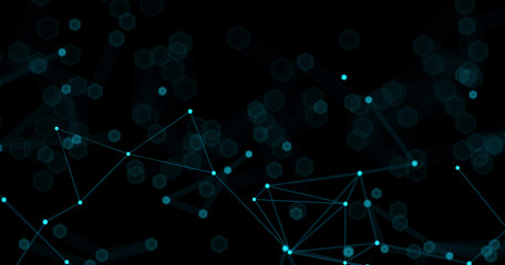 Abstract futuristic light wallpaper background design. Science dark pattern with structure mesh and lines. Modern business space triangular illustration with bokeh. 3D render