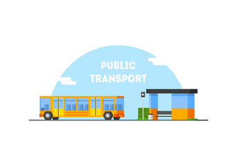 City Public Transport Banner Template, Bus Stop and Moving Bus Vector Illustration