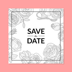 Save The Date Invitation Card Template with Hand Drawn Flowers Vector Illustration