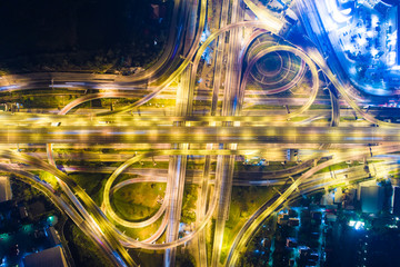 Aerial view night traffic light interchange city road