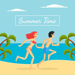 Summer Time Banner Template, Happy Young Couple Running on Tropical Beach Vector Illustration