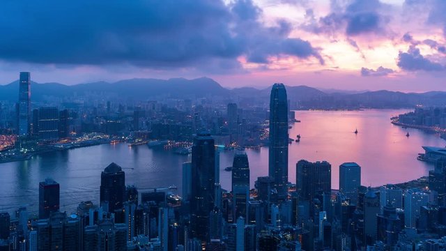 Time lapse of Hong Kong city downtown at sunrise, Victoria peak, Hong Kong