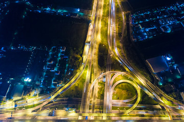 Aerial view night traffic light interchange city road