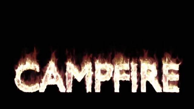Animated burning or engulf in flames all caps text Campfire. Isolated and against black background, mask included. Fire has transparency.