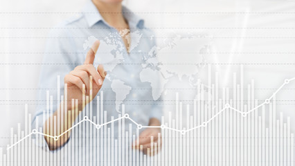 Business finance growth graph chart analysing diagram trading and forex exchange concept double exposure mixed media background website header.