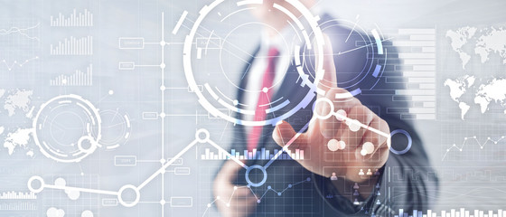 Business interface mixed media double exposure financial chart graph diagram and icon on virtual screen. Innovation concept