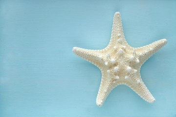 Fototapeta na wymiar starfish gently blue background. Sea summer concept. Summer vacation symbol. Summer phone photo wallpaper. Maritime decor.top view, copy space.