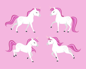 Cute unicorns set on pink background.
