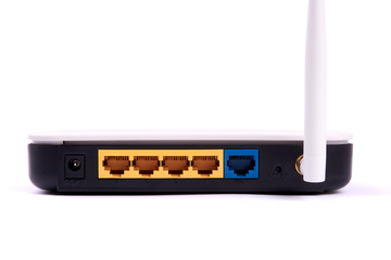 Detailed view of adsl or wifi modem or access point. Port and antenna. Isolated on white background.