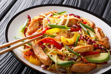 Dietary spicy Asian coleslaw salad with chicken, avocado and vegetables close-up on a plate. horizontal