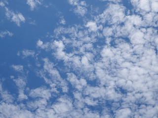 Cloudy sky background, ant's eye view nature of many white clouds moving in blue sky background.