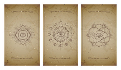 .Vector set of three vintage backgrounds with geometric symbols and frames. Abstract geometric symbols and sacred mystic signs drawn in lines.