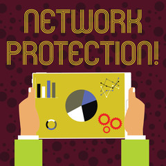 Word writing text Network Protection. Business photo showcasing protect the usability and integrity of the network Hands Holding Tablet with Search Engine Optimization Driver Icons on Screen