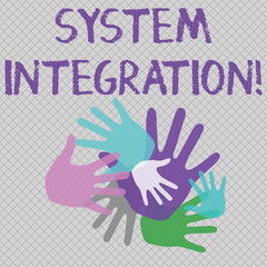 Word writing text System Integration. Business photo showcasing process of bringing together the component subsystem Color Hand Marks of Different Sizes Overlapping for Teamwork and Creativity