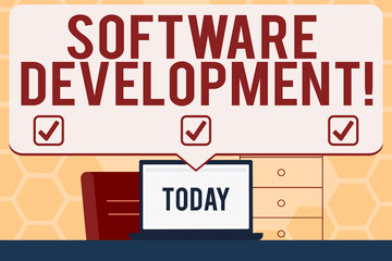 Text sign showing Software Development. Business photo text software is created using a specific programming Blank Huge Speech Bubble Pointing to White Laptop Screen in Workspace Idea