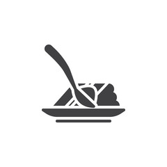 Plate with cake slice vector icon. filled flat sign for mobile concept and web design. Piece of cake with spoon and saucer glyph icon. Symbol, logo illustration. Pixel perfect vector graphics