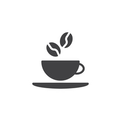 Coffee cup vector icon. filled flat sign for mobile concept and web design. Coffee beans and cup with saucer glyph icon. Coffee shop symbol, logo illustration. Pixel perfect vector graphics