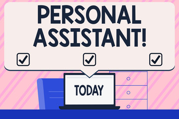 Conceptual hand writing showing Personal Assistant. Concept meaning administrative assistant working exclusively for a demonstrating Blank Huge Speech Bubble Pointing to the White Laptop Screen
