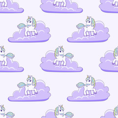 Seamless pattern with cute Cartoon Unicorn and clouds. Vector illustration