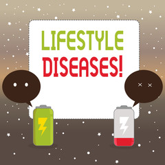 Handwriting text writing Lifestyle Diseases. Conceptual photo the disease associated with the way a demonstrating lives Fully Charged and Discharged Battery with Two Colorful Emoji Speech Bubble